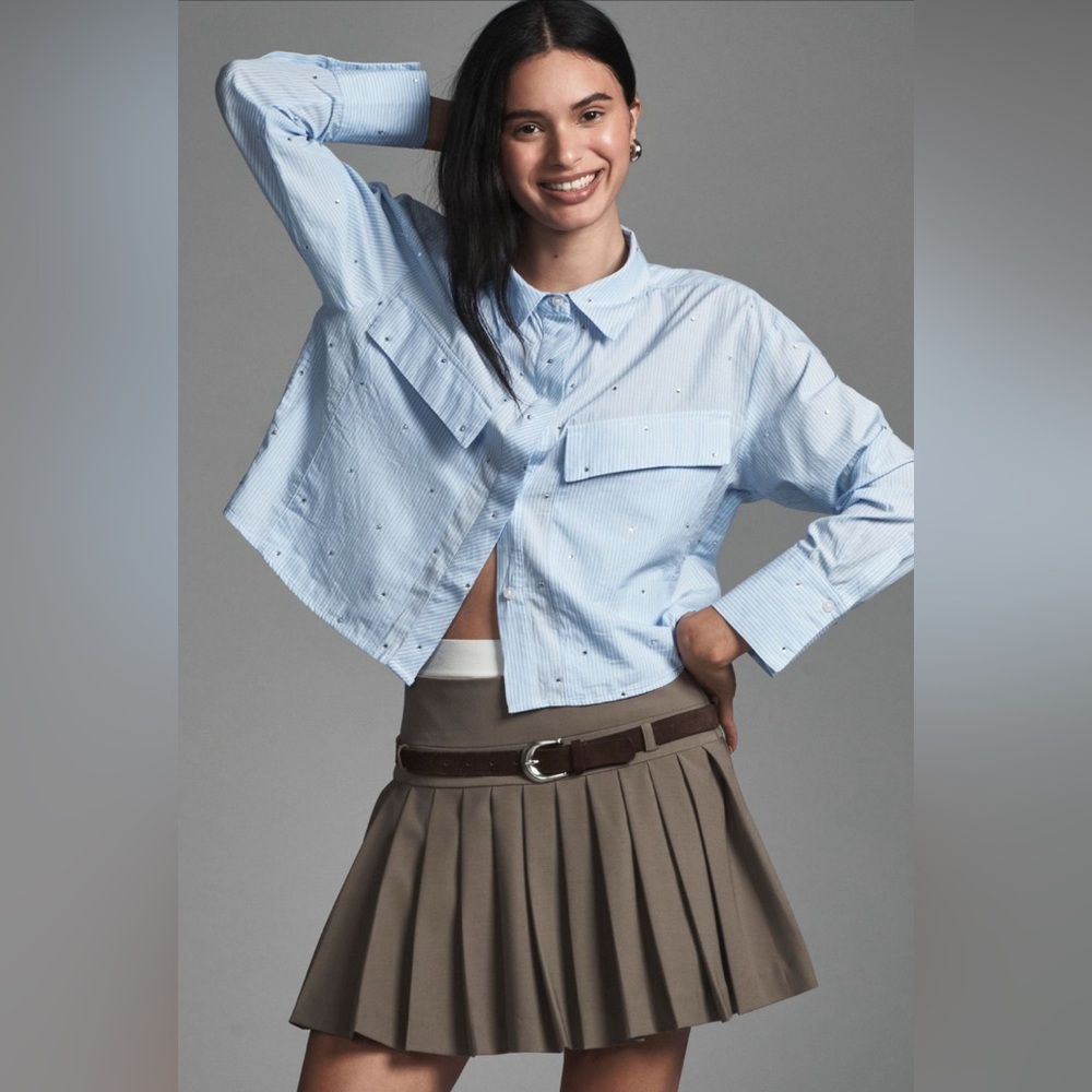 Maeve Anthropologie cropped Light Blue Button-Up Shirt with Embellishments